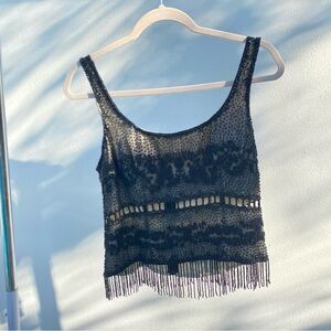 Y2K Black Beaded 100% Silk Fringe Top Size Large